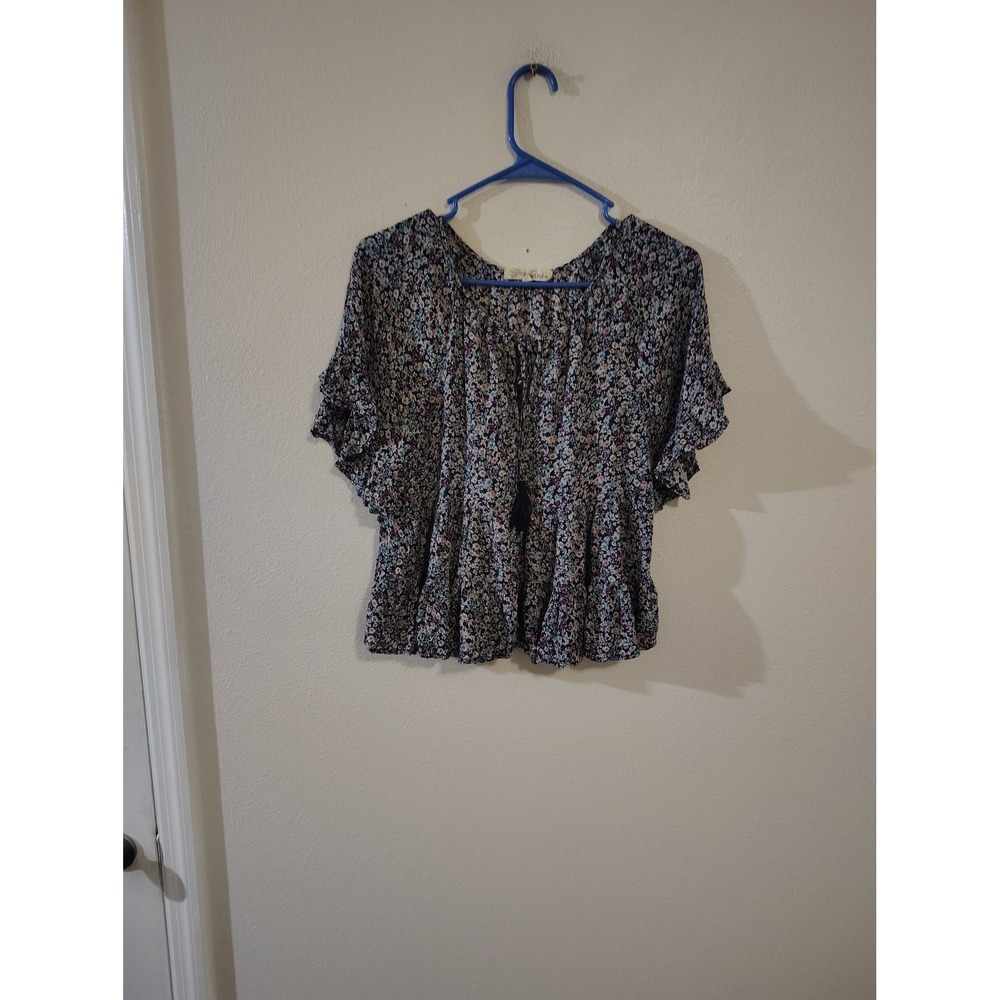 Rewind Womens Floral Peplum Top XS Blue Purple Ditsy Print Flutter Sleeve Blouse
